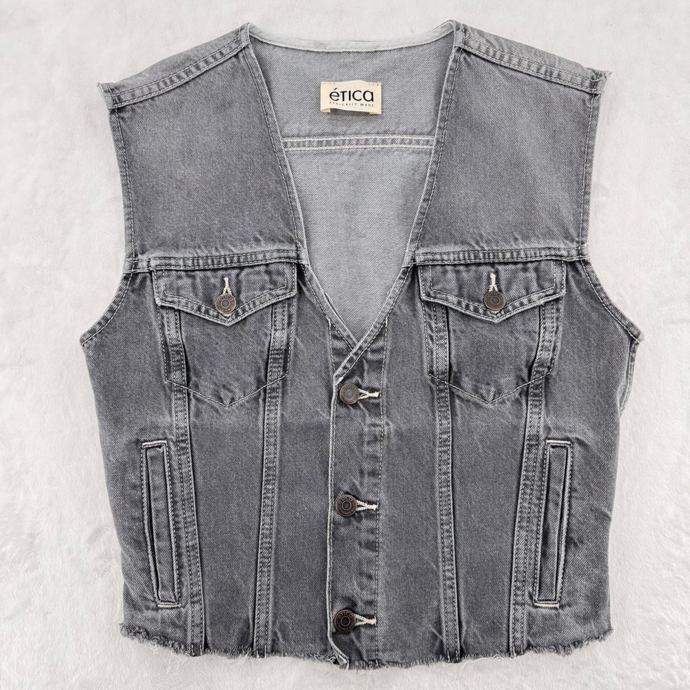 Etica Gray Denim Vest Frayed Ethically Made Button Front Biker Rocker Grunge S